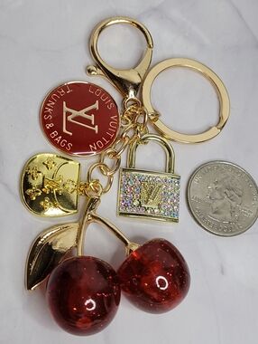 Gold Cherry Keychain Bag Charm, LV Zipper Pull Multi Charms